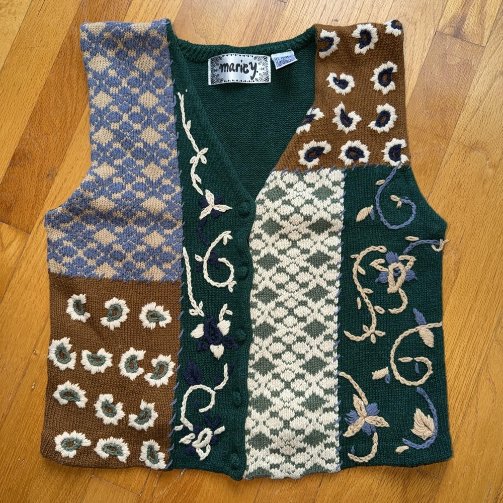 Vintage Marie Y Sweater Vest L Cottage Green Brown Patchwork‎ Floral 3D Knit 90s